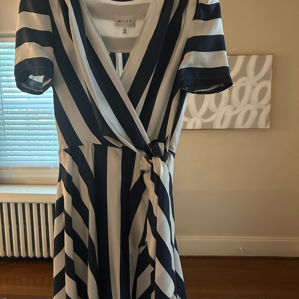 Milly Navy and White Striped Midi Dress
